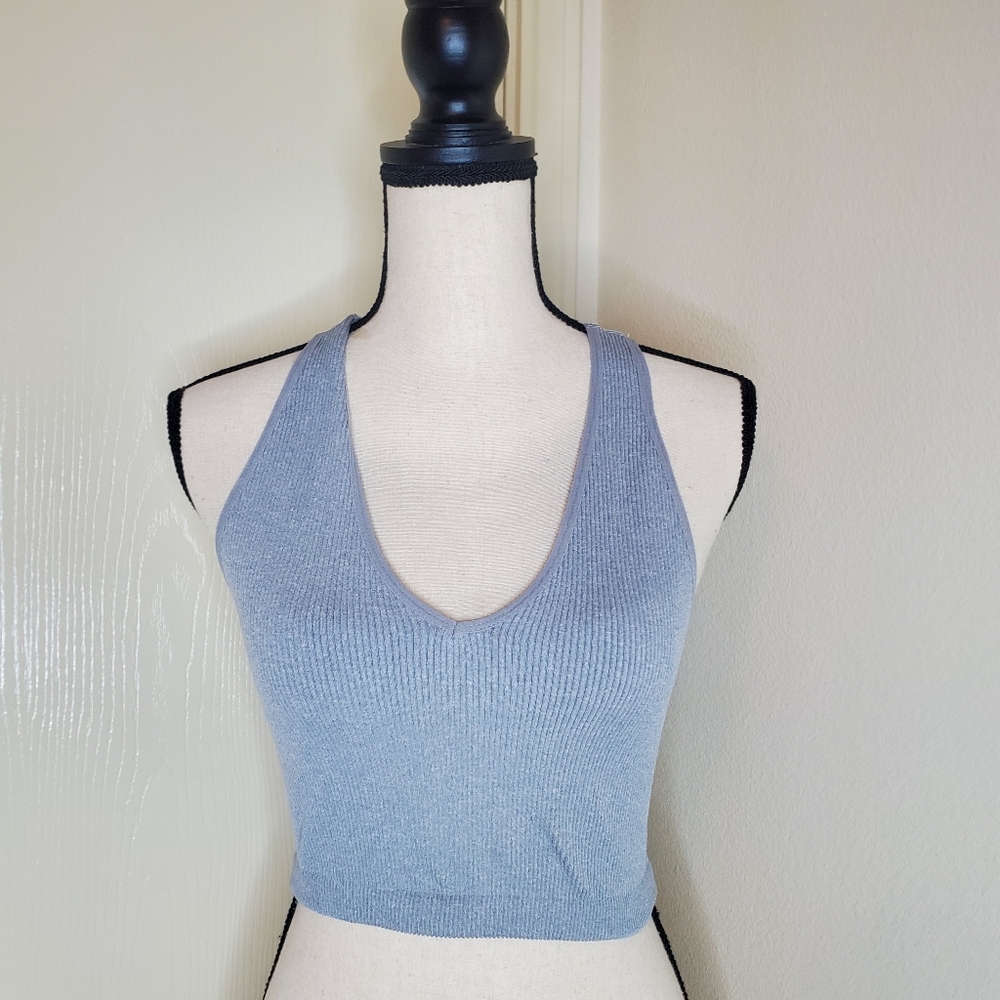 Free People Movement Throw Cropped Tank Top Gray Ribbed V-Neck Size Medium